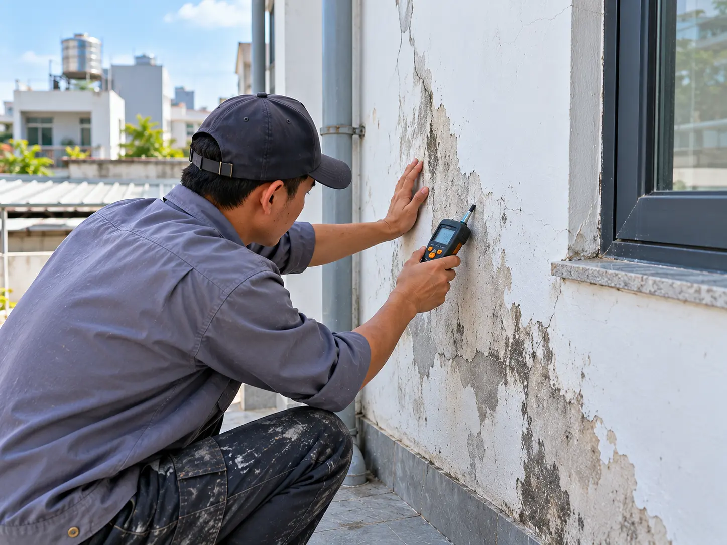 Ảnh minh họa: Kiểm tra tường ẩm mốc ngoài trời